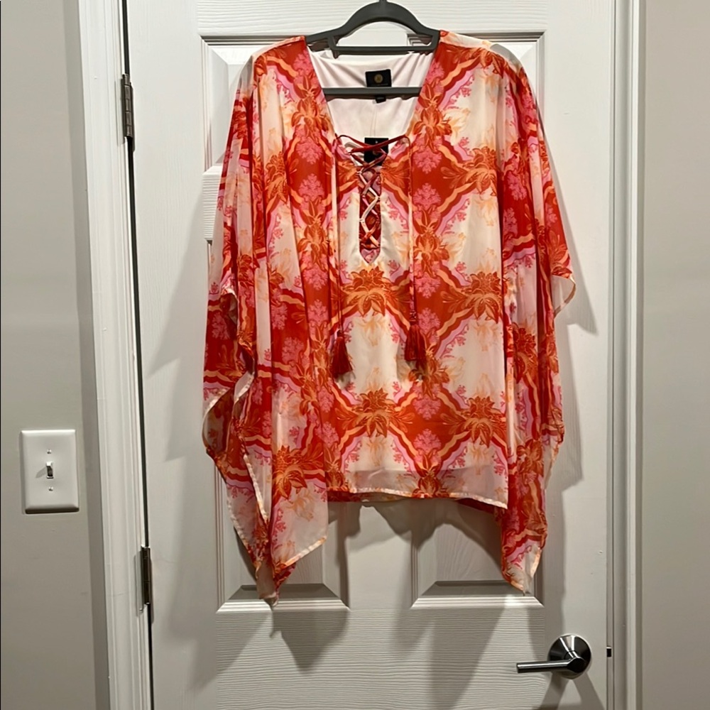 Plus size‎ 2X JM Collection Orange and white Asymmetrical Tie Front Blouse. New